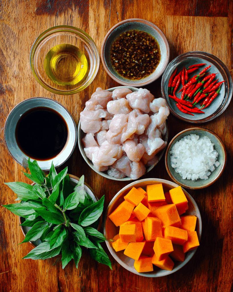 Ingredients for Thai Chicken and Pumpkin Stir-Fry laid out on marble surface.