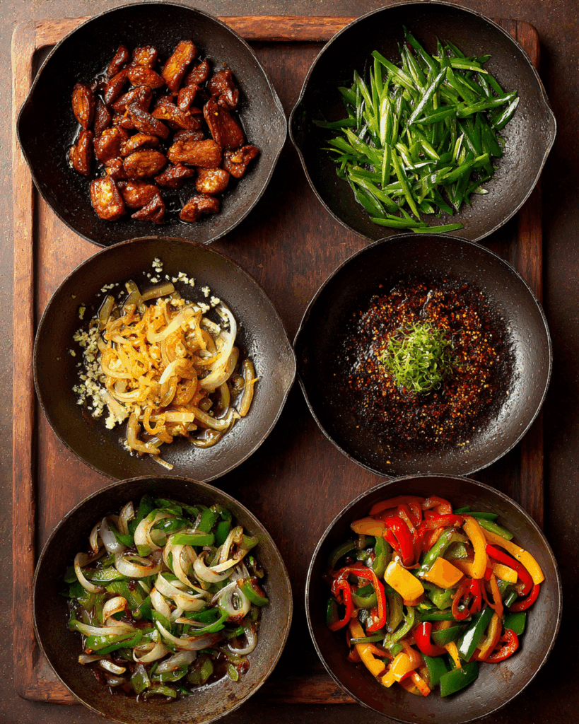 Thai Chicken Liver Stir-Fry cooking in a wok with garlic and onions