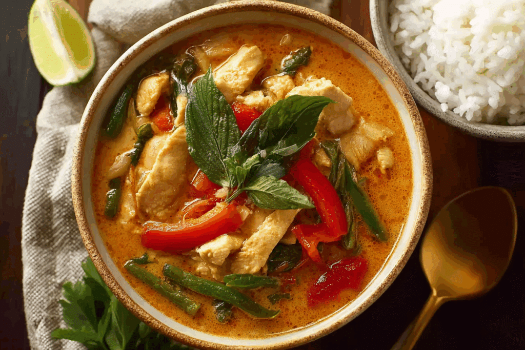 Authentic Panang Curry served with chicken and rice.