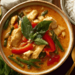 Authentic Panang Curry served with chicken and rice.