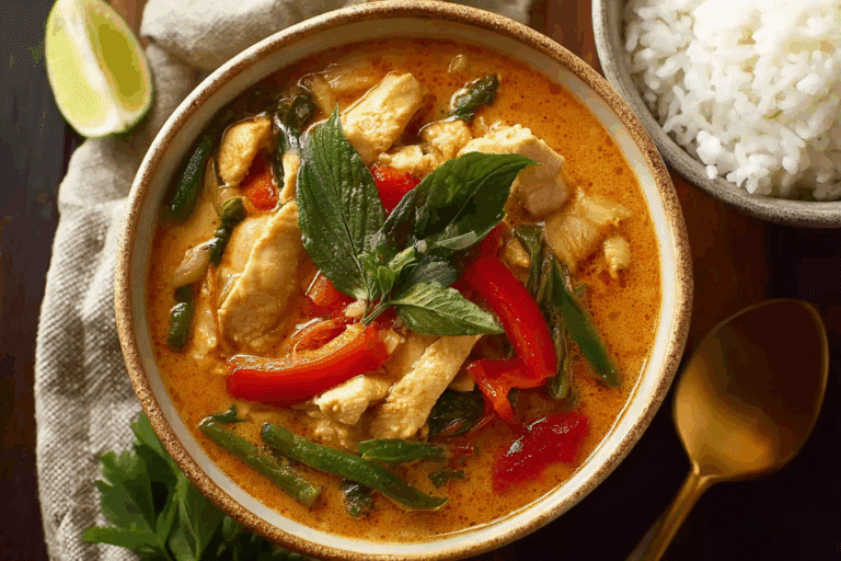 Authentic Panang Curry served with chicken and rice.