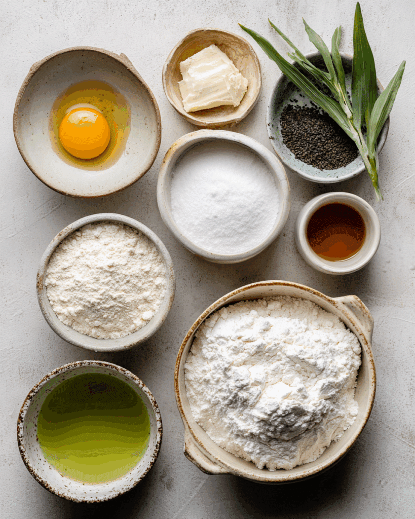 Ingredients for Thai Lotus Flower Cookies neatly arranged on a kitchen surface.