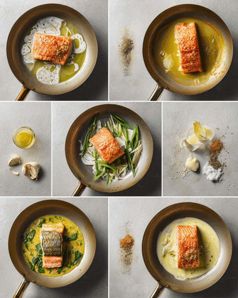 Salmon simmering in coconut lime sauce during the cooking process.