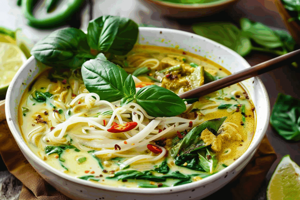 Thai Green Curry Noodle Soup in a bowl with basil and lime.