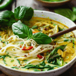 Thai Green Curry Noodle Soup in a bowl with basil and lime.