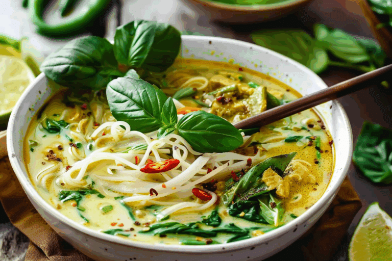 Thai Green Curry Noodle Soup in a bowl with basil and lime.