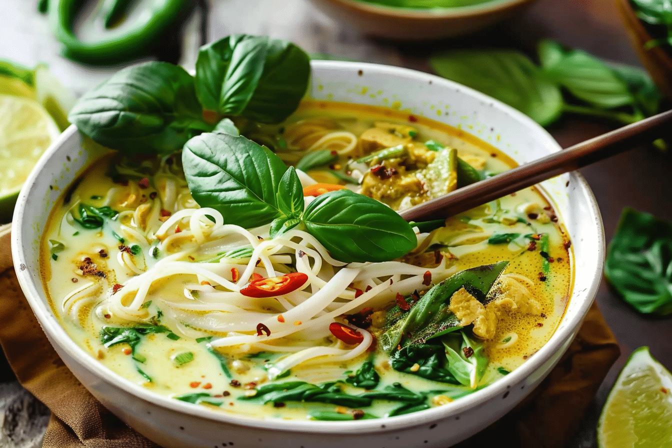 Thai Green Curry Noodle Soup in a bowl with basil and lime.