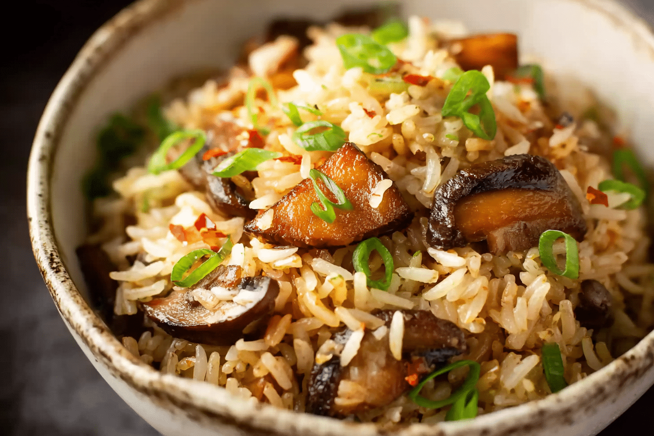 Delicious baked mushroom rice served in a ceramic dish with golden mushrooms and herbs.