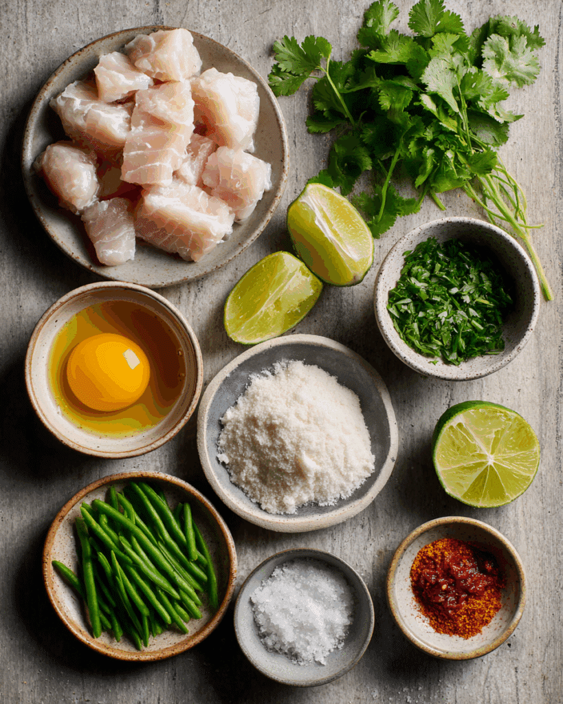 Ingredients for Thai Fish Cakes including white fish, red curry paste, lime, and herbs.
