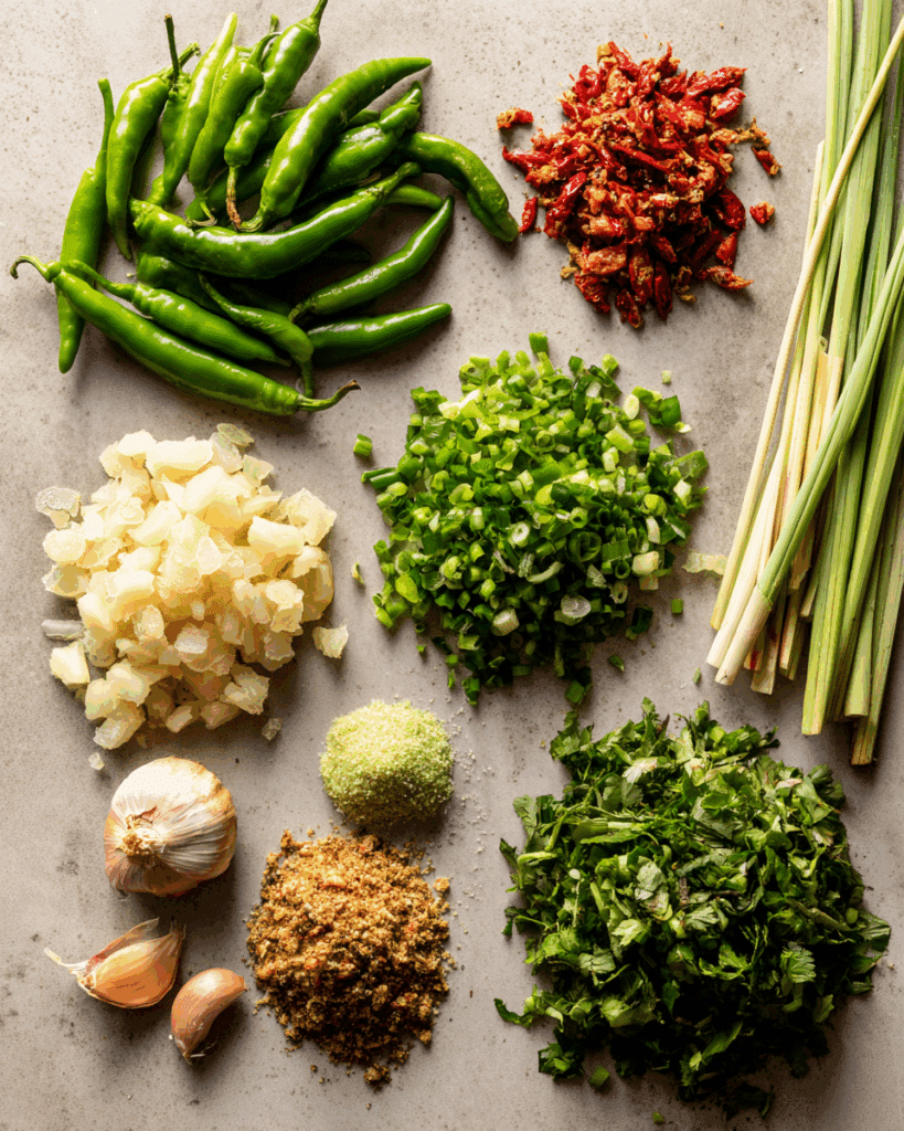 Ingredients for making Thai Green Curry Paste arranged neatly.