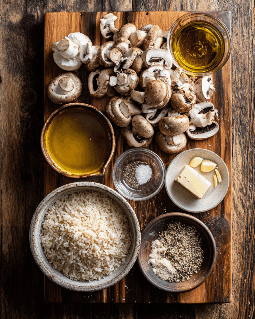 Ingredients for baked mushroom rice arranged on a kitchen counter.
