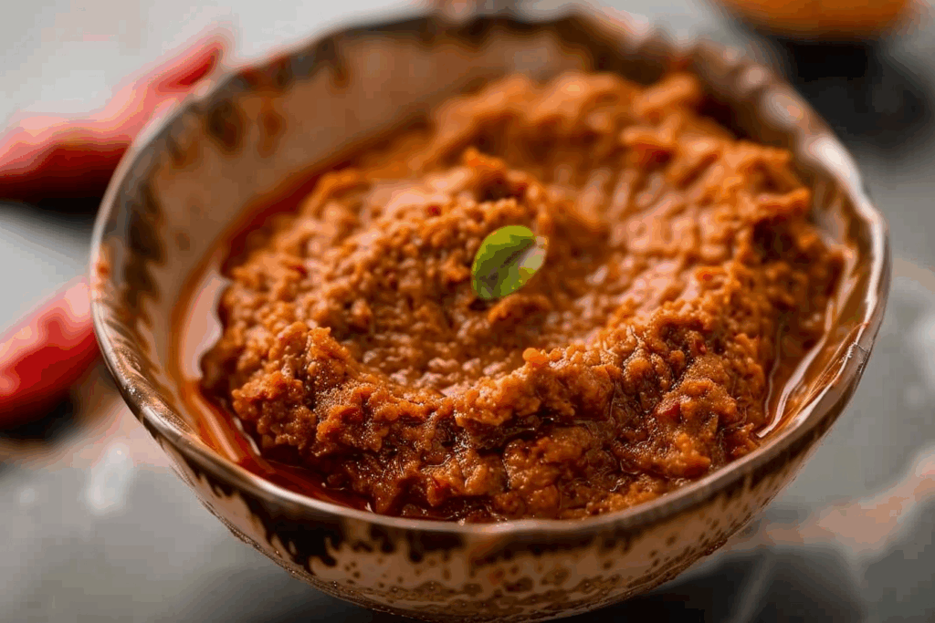 Homemade Thai Red Curry Paste in mortar with fresh Thai ingredients.