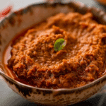 Homemade Thai Red Curry Paste in mortar with fresh Thai ingredients.