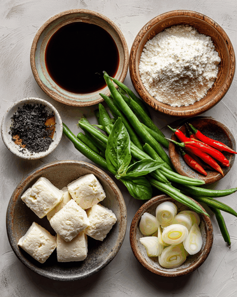 Raw ingredients for Thai Basil Tofu Stir-Fry arranged on a wooden table.