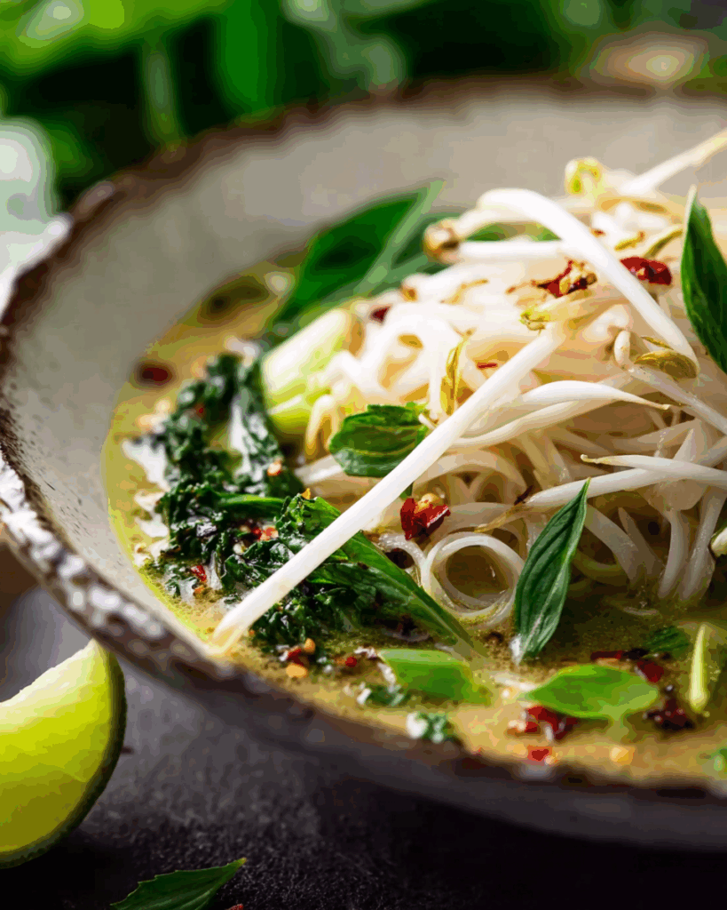 Making Thai Green Curry Noodle Soup in a pot.
