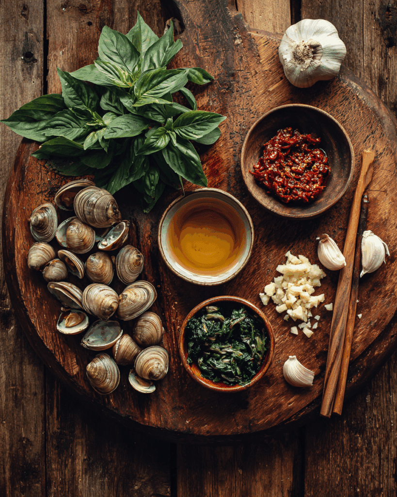 Ingredients for Clams with Roasted Chili Paste and Basil arranged neatly.