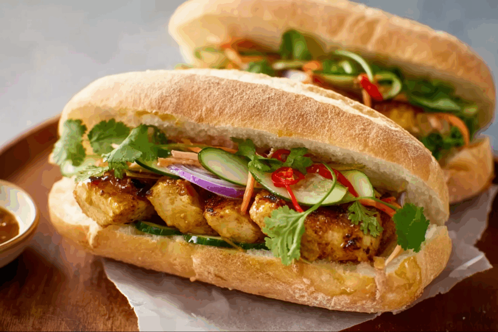 Chicken Satay Sandwich with peanut sauce and pickled vegetables.