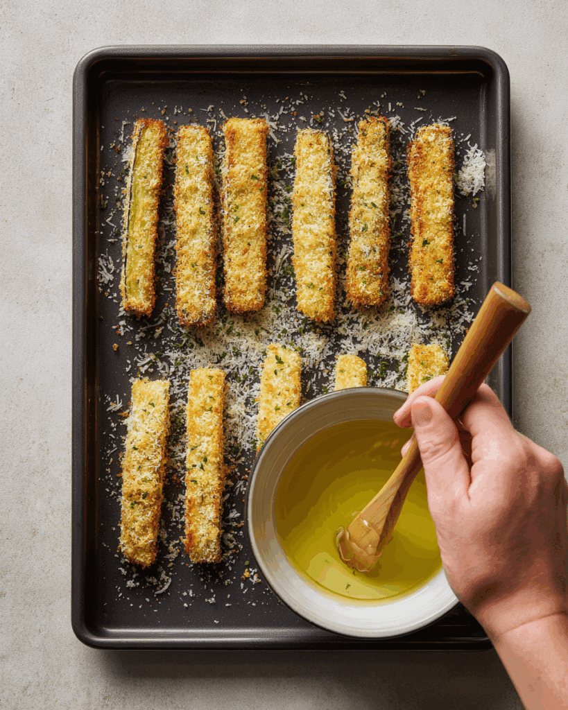 Coating eggplant strips in breadcrumbs to make Crispy Eggplant Fries.