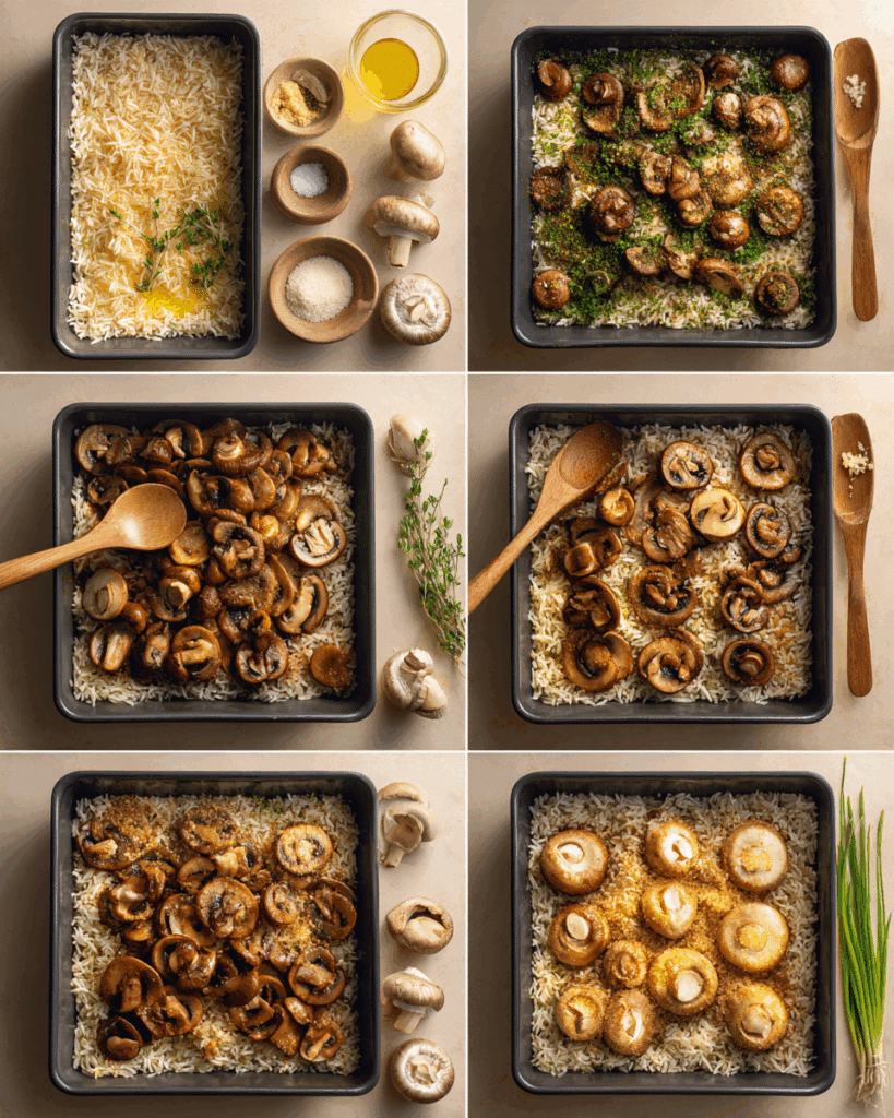 Baked Mushroom Rice halfway cooked in the oven with mushrooms on top