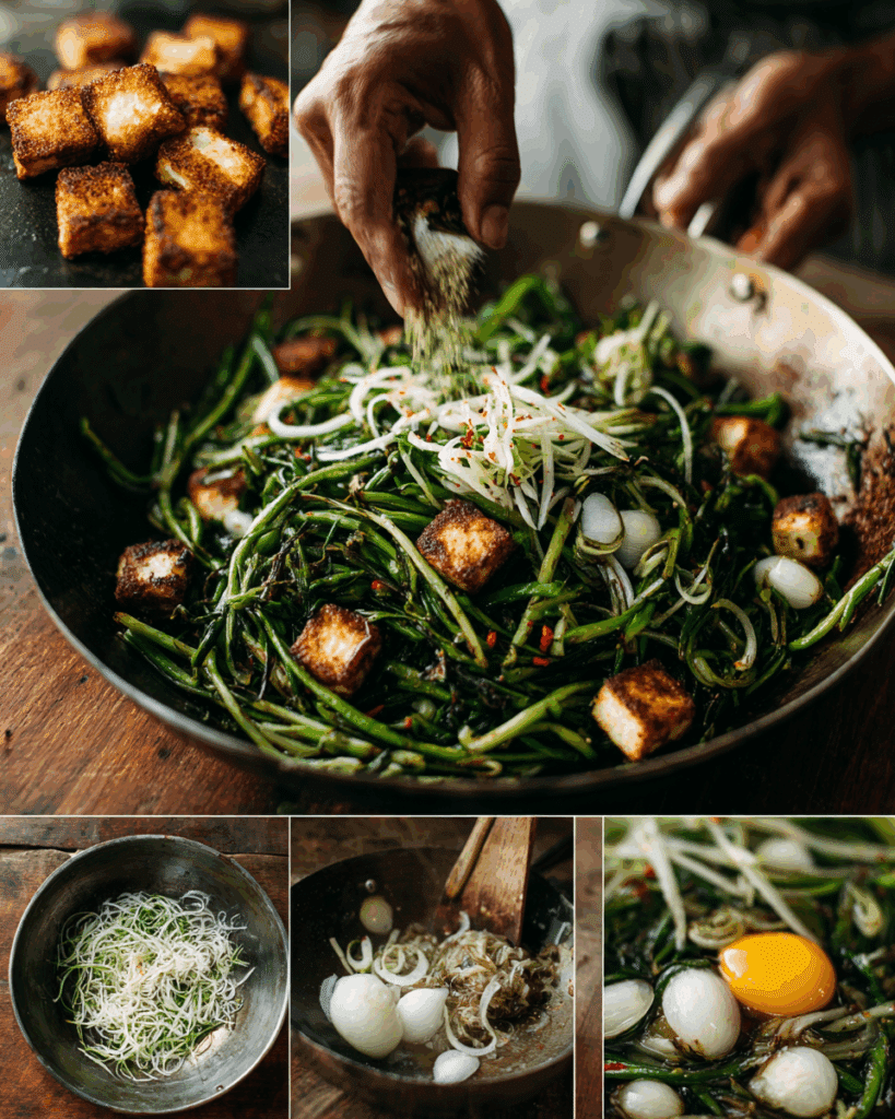 Frying tofu in a wok for Thai Basil Tofu Stir-Fry.