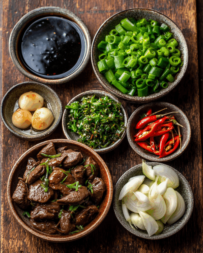 Ingredients for Thai Chicken Liver Stir-Fry laid out on a table