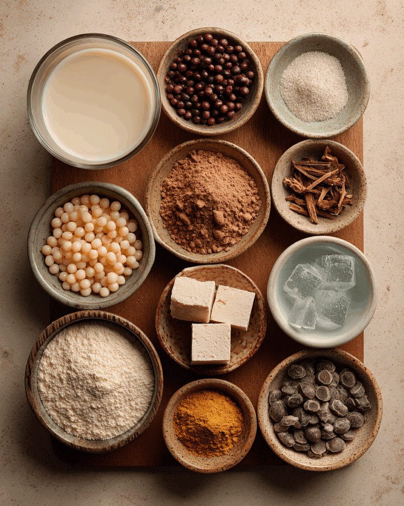 Ingredients for making Taro Milk Tea Boba.