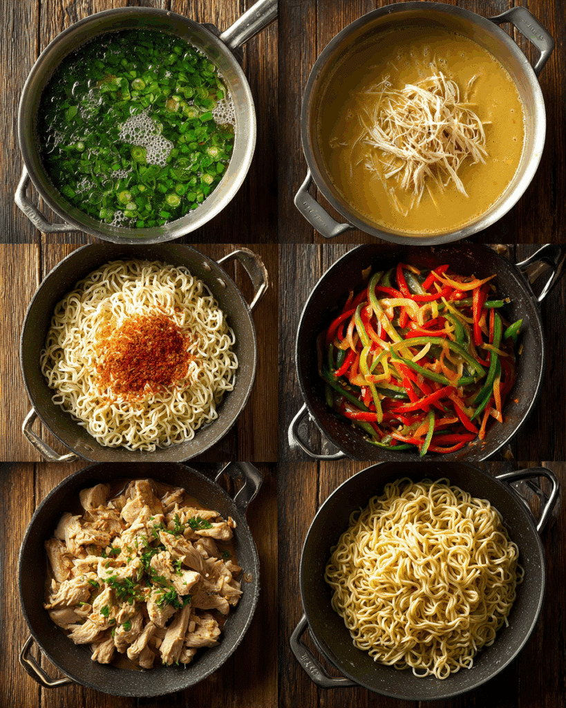 Cooking process of Thai Peanut Butter Ramen in a wok