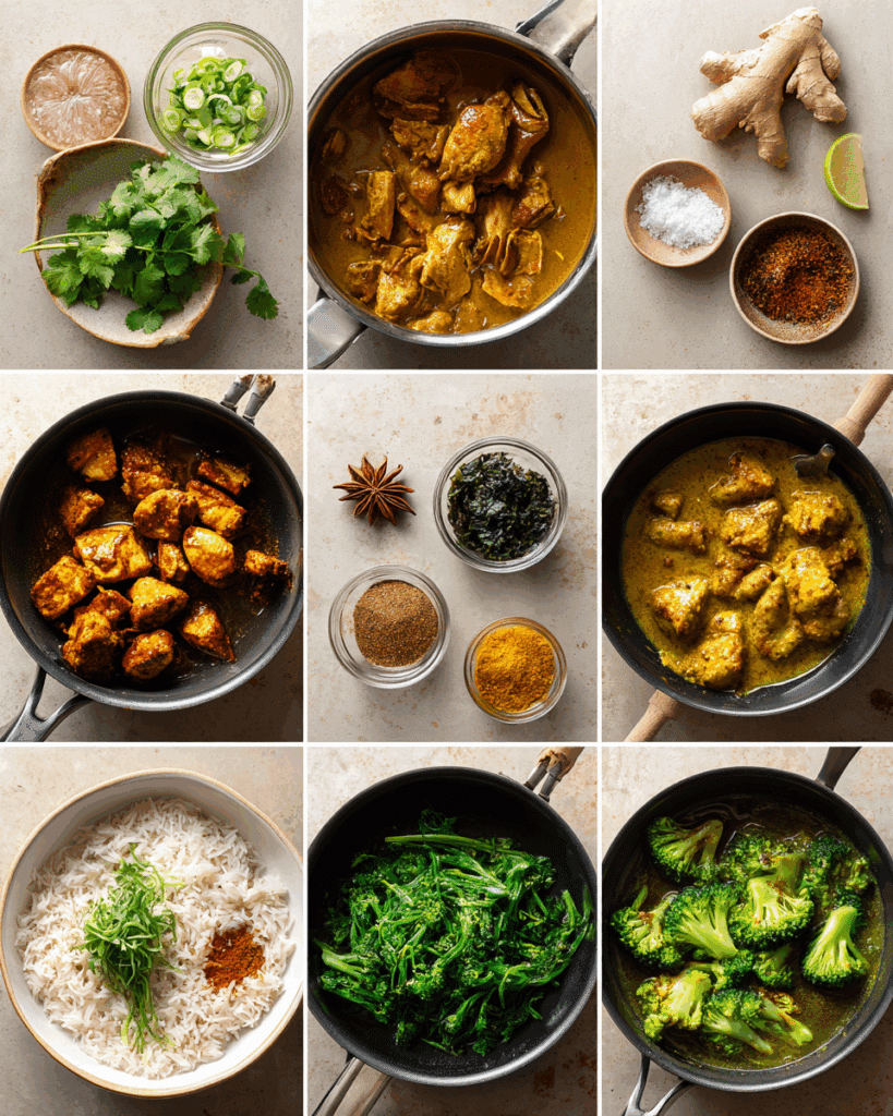 Golden coconut chicken curry simmering in a pot