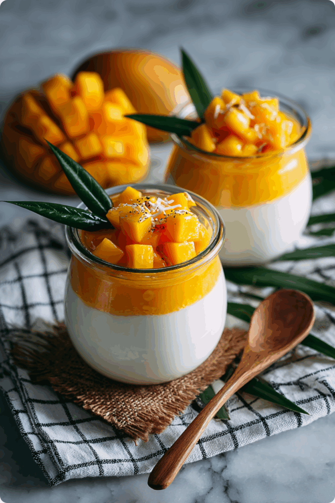 Coconut Panna Cotta with Mango Puree served in glass with mango topping.