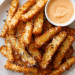 Golden Crispy Eggplant Fries served with chipotle aioli dip.