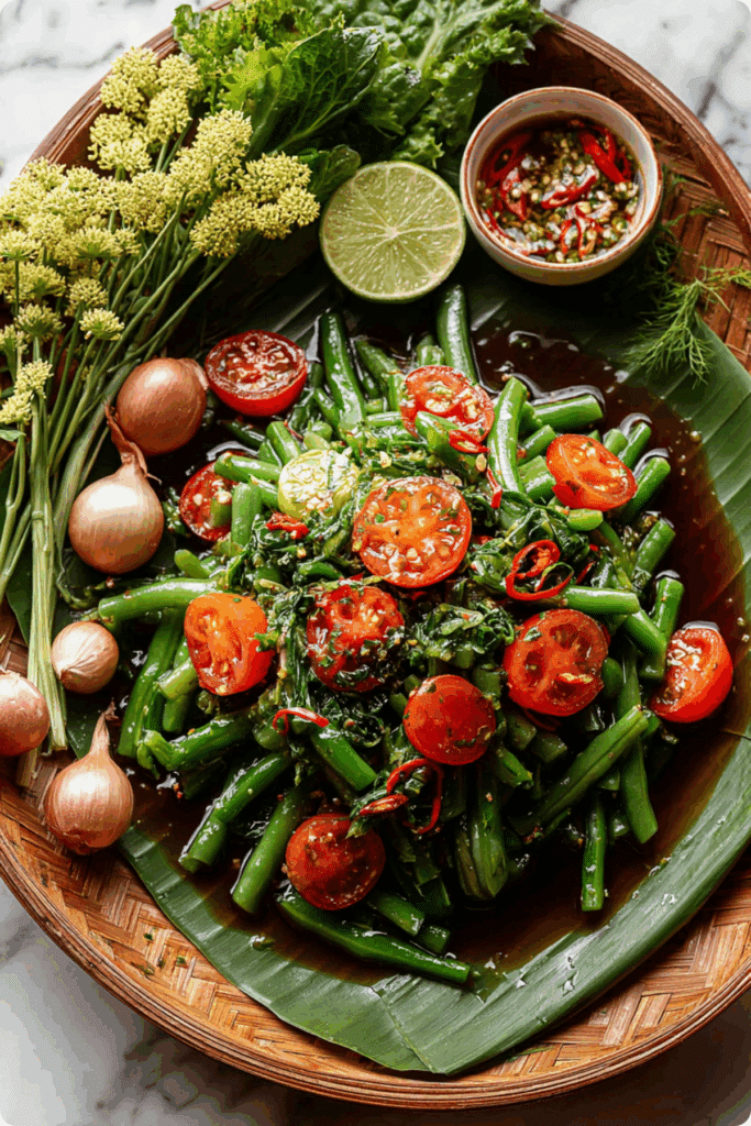 Thai Long Bean Salad Recipe served with lime and tomatoes on a wooden plate.