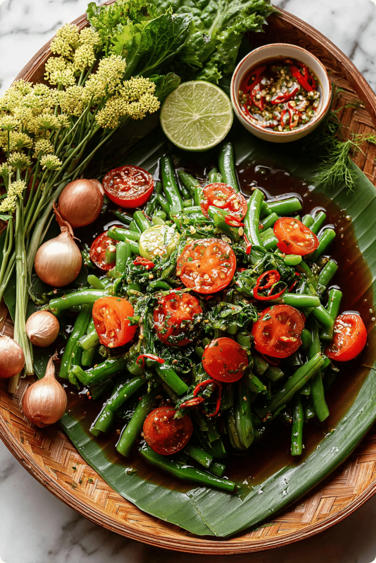 Thai Long Bean Salad Recipe served with lime and tomatoes on a wooden plate.
