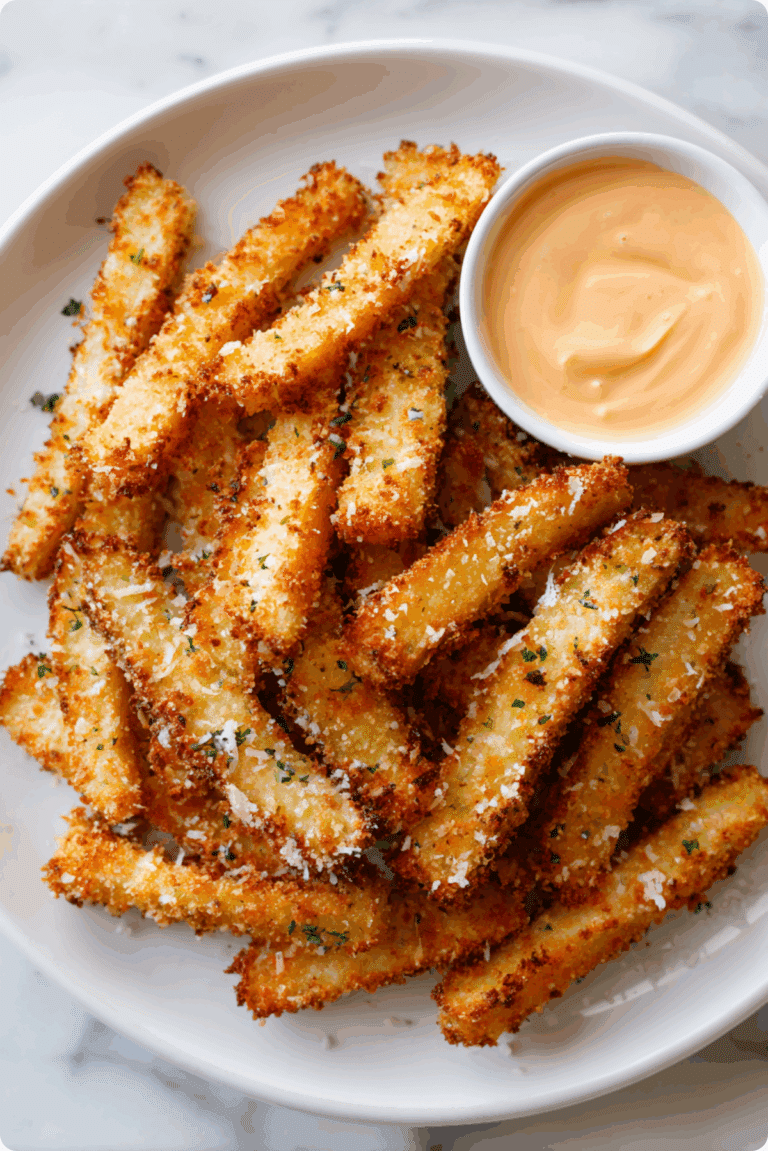 Golden Crispy Eggplant Fries served with chipotle aioli dip.