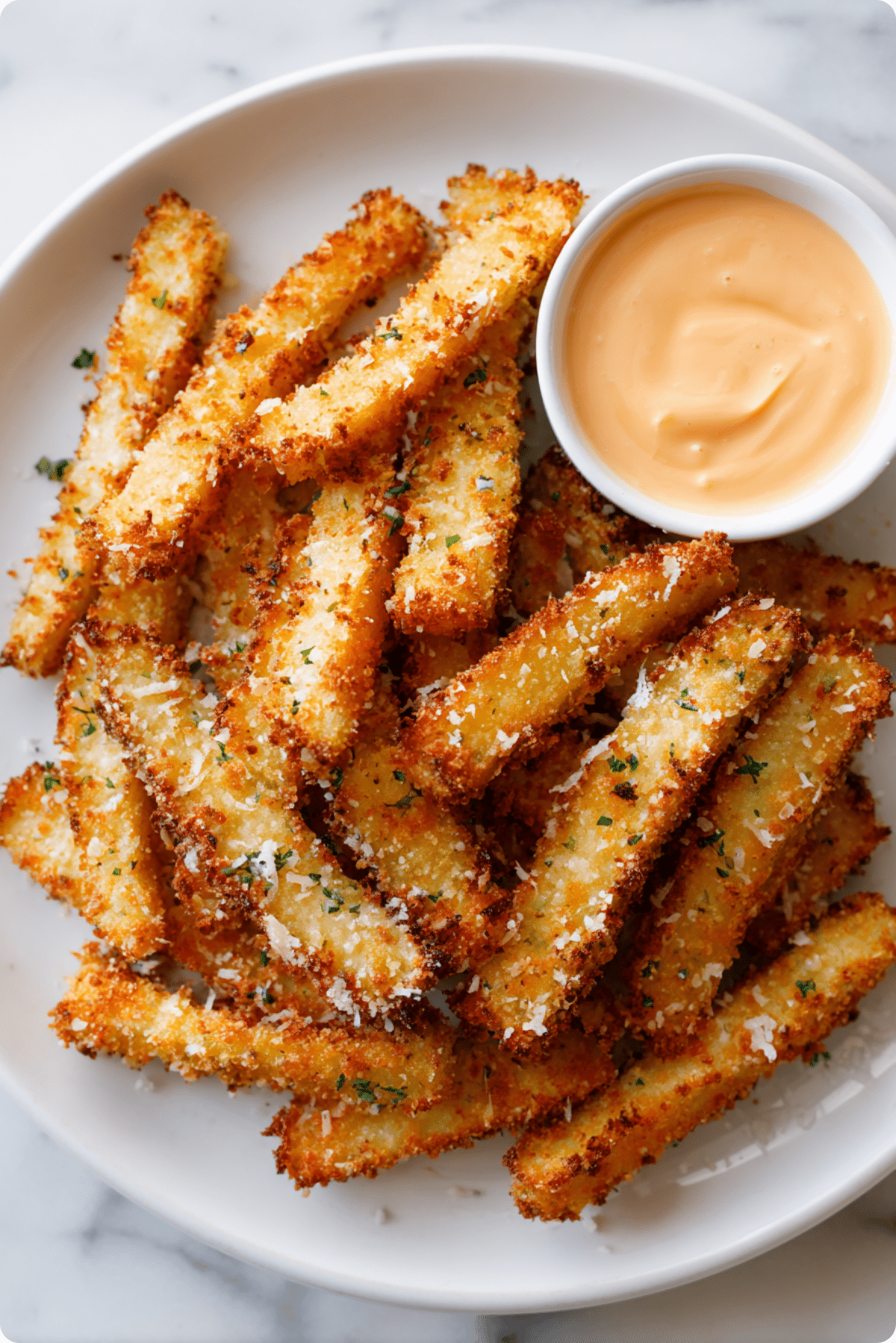 Golden Crispy Eggplant Fries served with chipotle aioli dip.