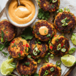 Crispy Thai Shrimp Cakes with Chili Aioli served with lime wedges and cilantro on a rustic wooden plate.