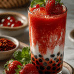 Glass of Strawberry Boba Recipe with tapioca pearls and ice.
