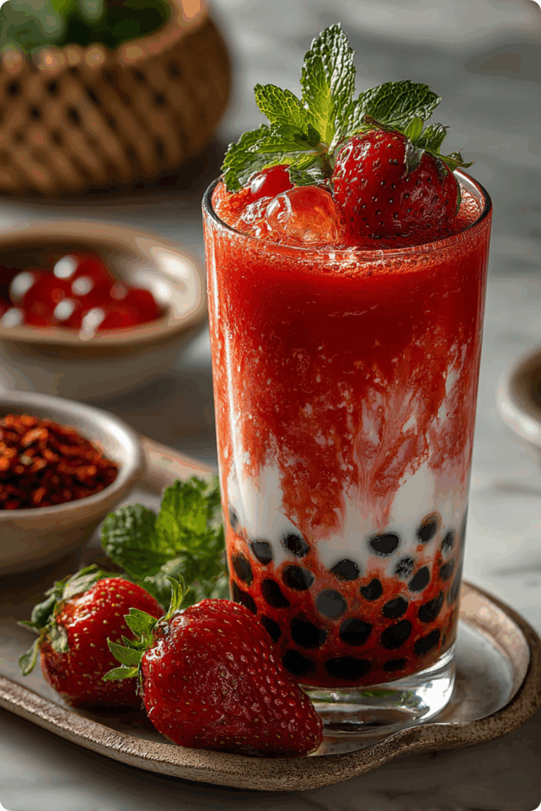Glass of Strawberry Boba Recipe with tapioca pearls and ice.