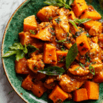 Thai Chicken and Pumpkin Stir-Fry served with jasmine rice and basil.