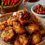 Thai Volcano Chicken Recipe with glossy chili lava sauce over crispy fried chicken.