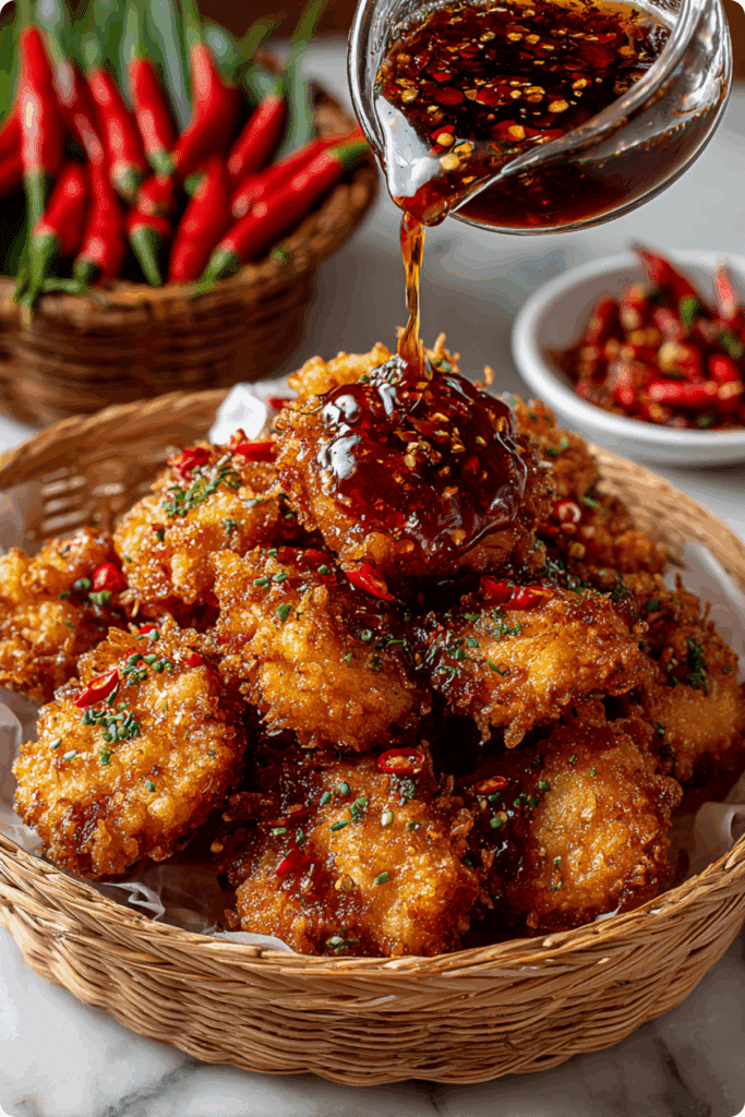 Thai Volcano Chicken Recipe with glossy chili lava sauce over crispy fried chicken.