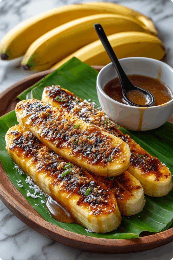 Thai Grilled Bananas With Coconut Caramel Sauce served with coconut flakes and caramel drizzle.