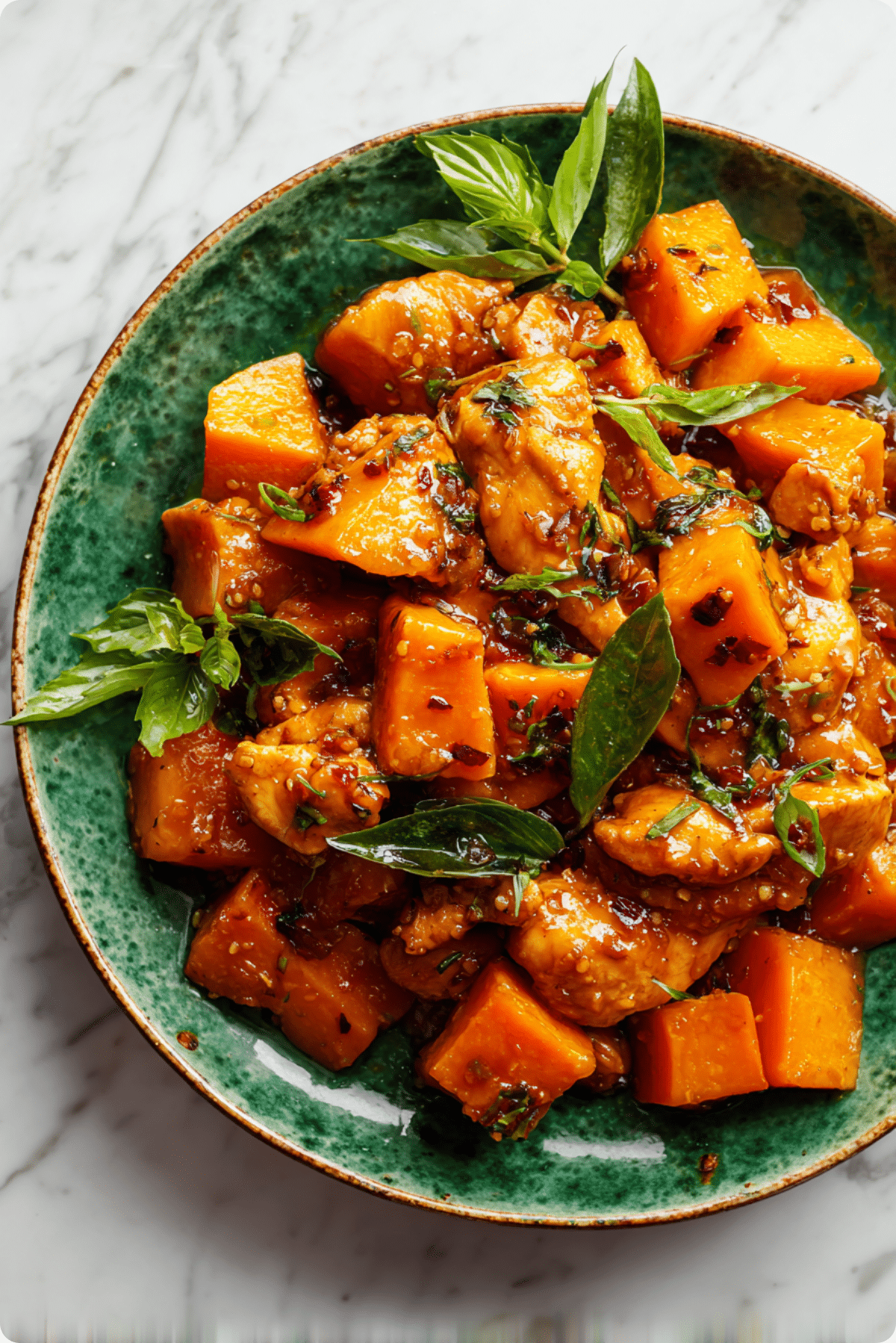 Thai Chicken and Pumpkin Stir-Fry served with jasmine rice and basil.