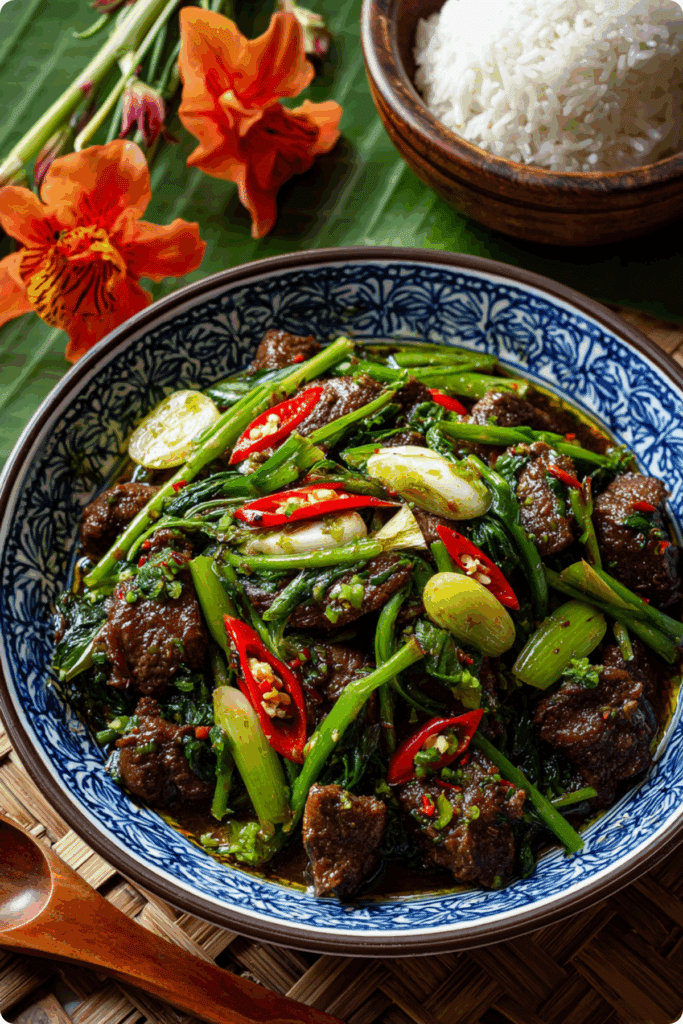 Authentic Thai Chicken Liver Stir-Fry with rice and chilies