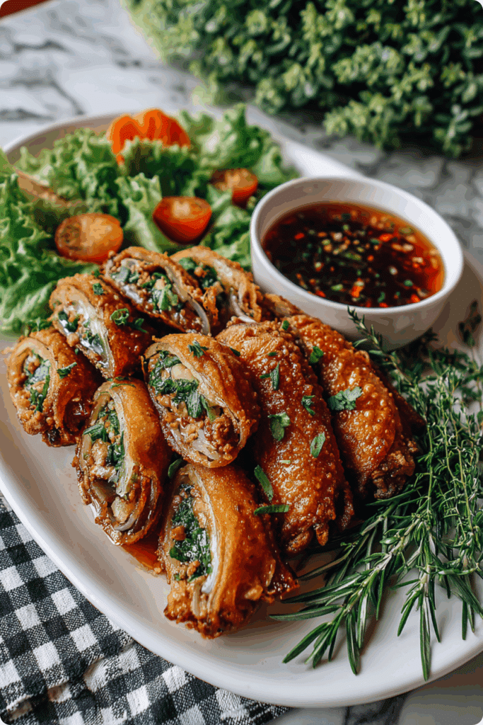 Golden Thai Stuffed Chicken Wings with lime and chili sauce.