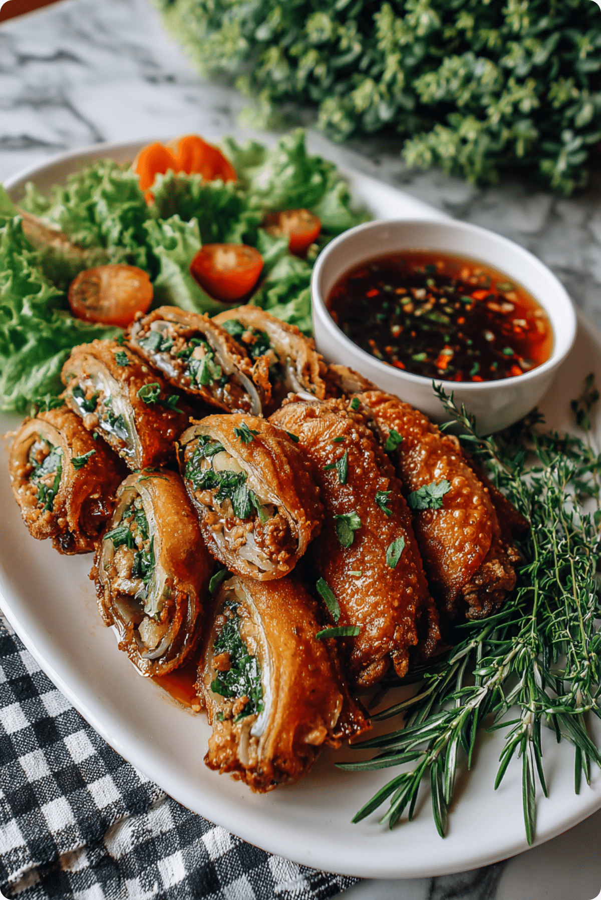 Golden Thai Stuffed Chicken Wings with lime and chili sauce.