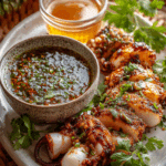 Thai Seafood Dipping Sauce served with shrimp and crab legs.