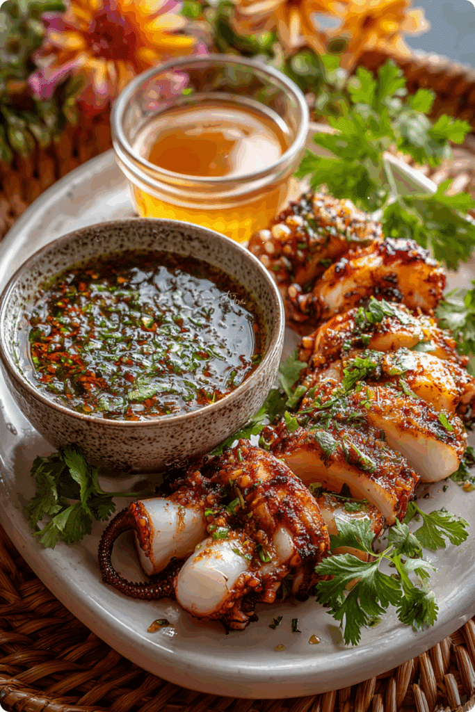 Thai Seafood Dipping Sauce served with shrimp and crab legs.