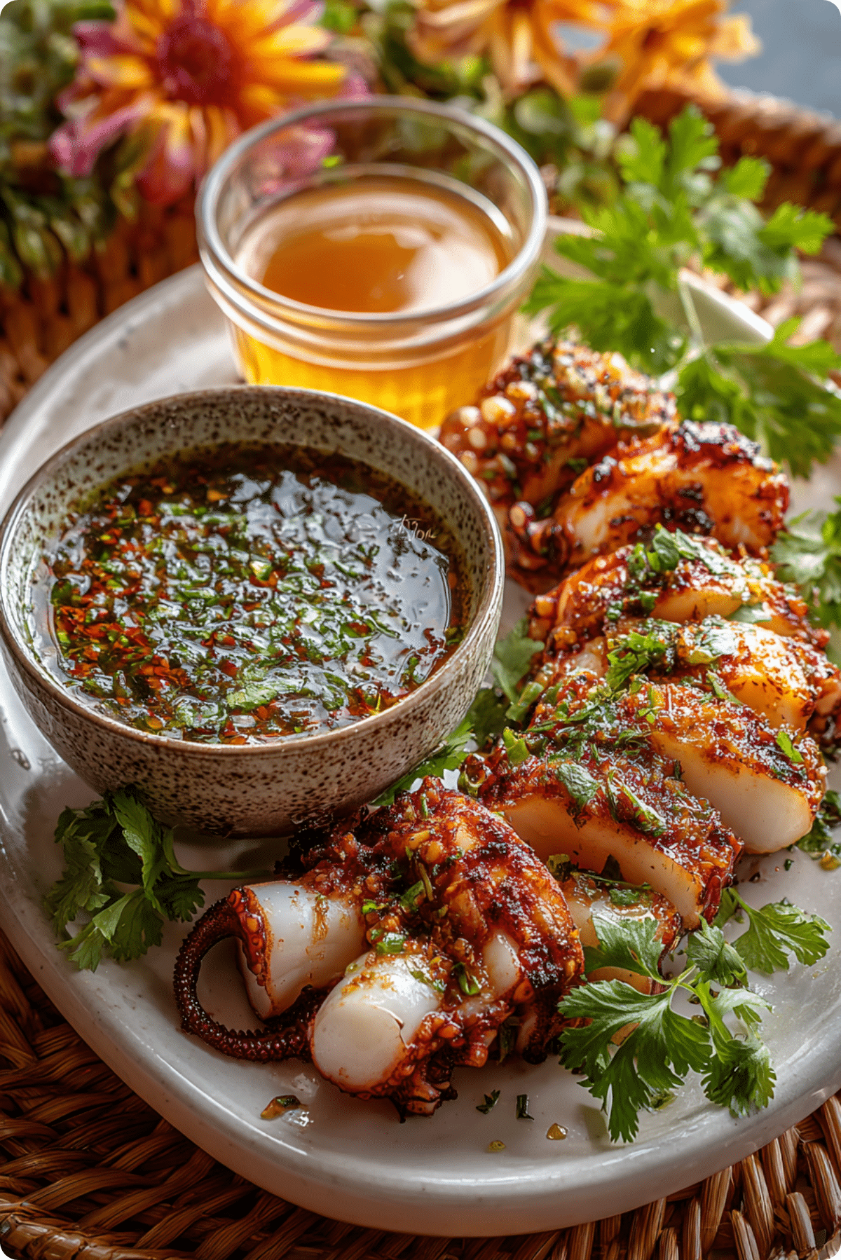 Thai Seafood Dipping Sauce served with shrimp and crab legs.