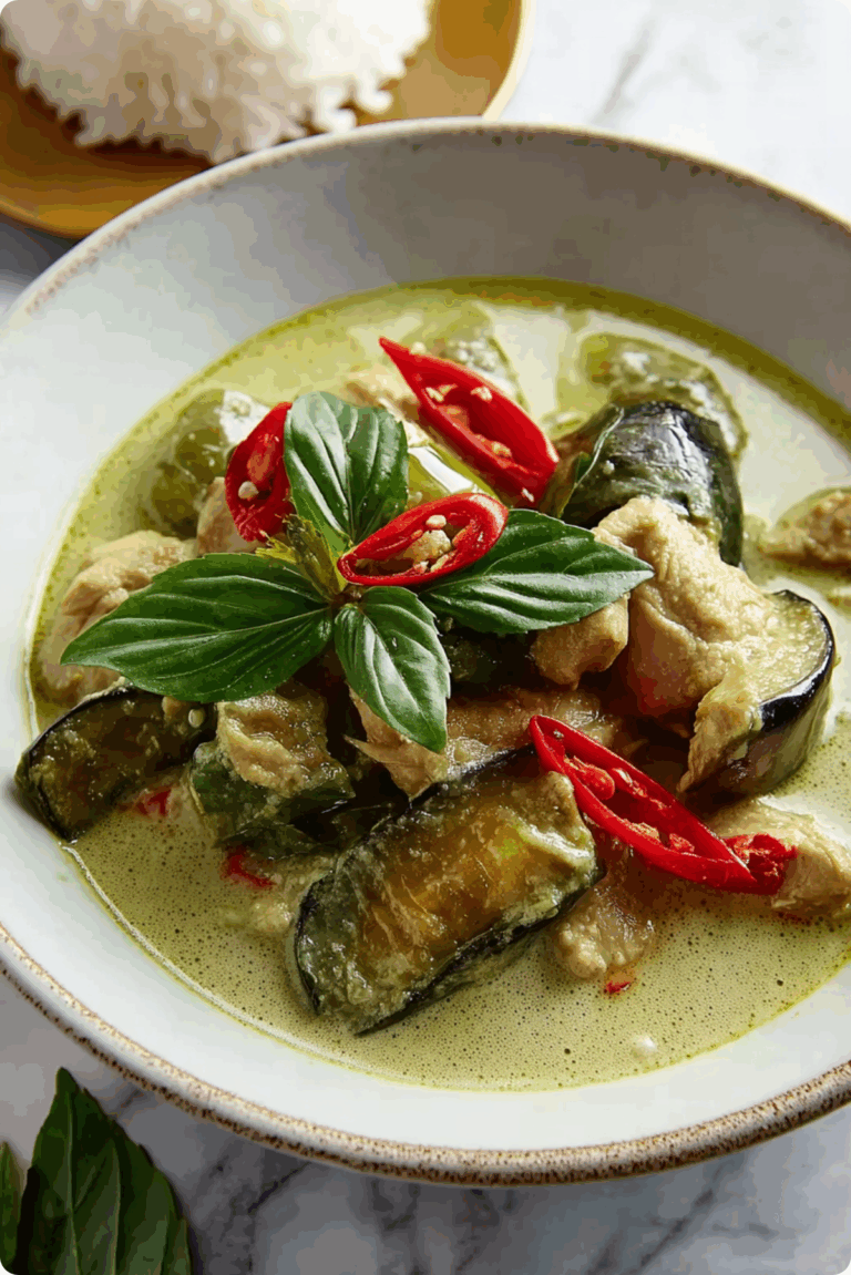 Green Curry with Chicken and Eggplant served with jasmine rice