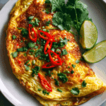 Golden Thai crab omelette served with rice and chili sauce.